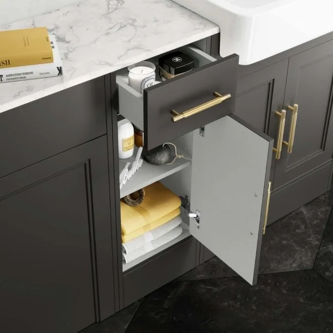 Monaco Graphite Grey Combination Vanity Basin with Marble Top and Hudson Toilet with Wooden Seat 1500mm - Brass Knurled Handles