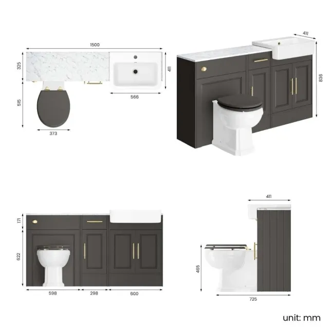 Monaco Graphite Grey Combination Vanity Basin with Marble Top and Hudson Toilet with Wooden Seat 1500mm - Brass Knurled Handles