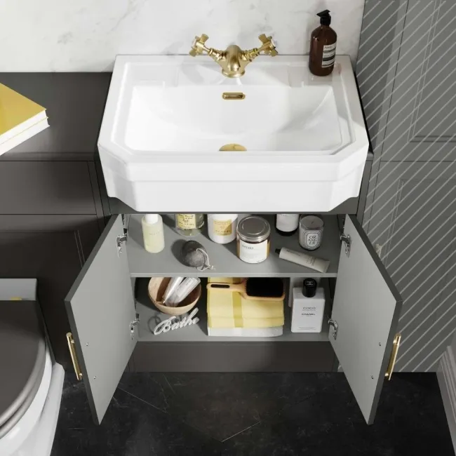 Monaco Graphite Grey Combination Vanity Traditional Basin and Hudson Toilet with Wooden Seat 1200mm - Brass Knurled Handles