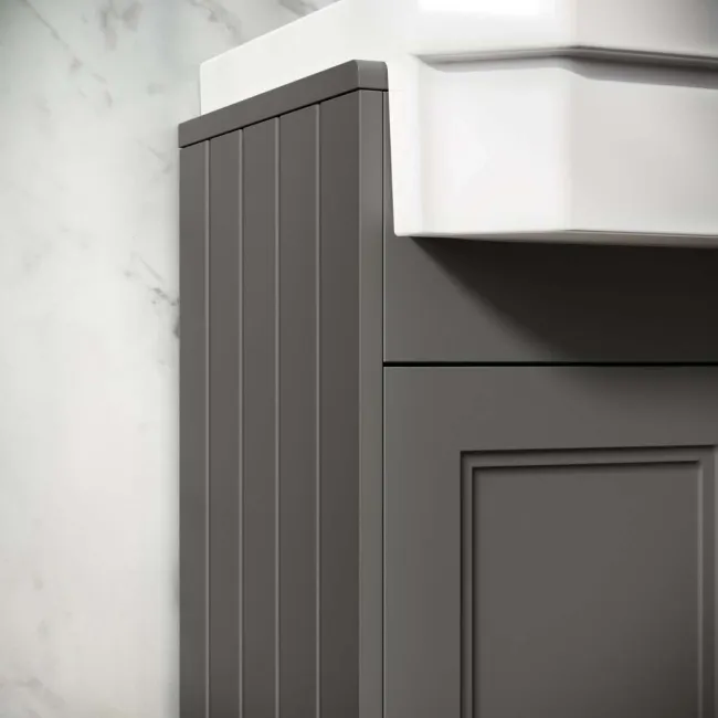 Monaco Graphite Grey Combination Vanity Traditional Basin and Hudson Toilet with Wooden Seat 1200mm - Brass Knurled Handles
