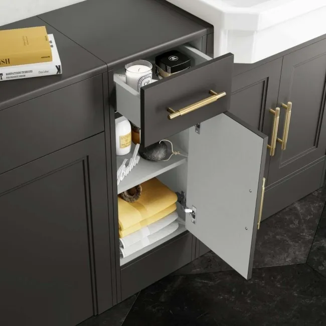 Monaco Graphite Grey Combination Vanity Traditional Basin and Hudson Toilet with Wooden Seat 1500mm - Brass Knurled Handles