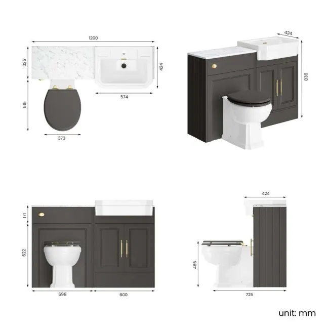 Monaco Graphite Grey Combination Vanity Traditional Basin with Marble Top & Hudson Toilet with Wooden Seat 1200mm - Brass Knurled Handles