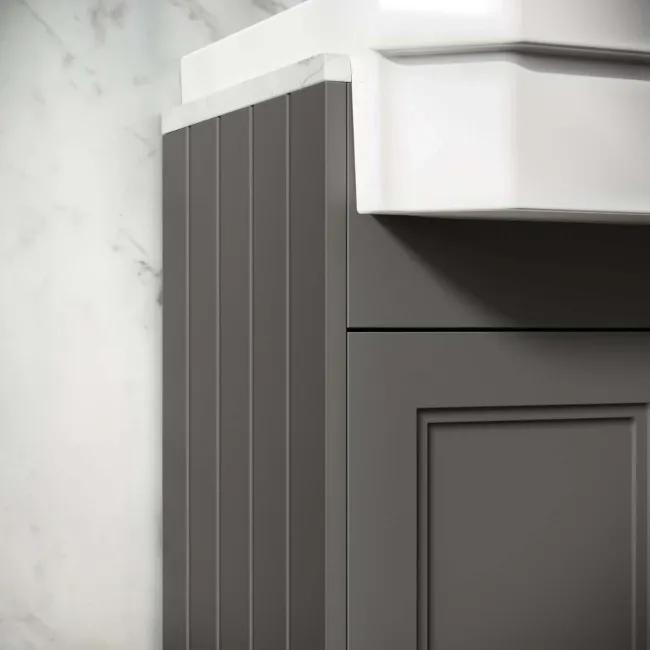Monaco Graphite Grey Combination Vanity Traditional Basin with Marble Top & Hudson Toilet with Wooden Seat 1500mm - Brass Knurled Handles