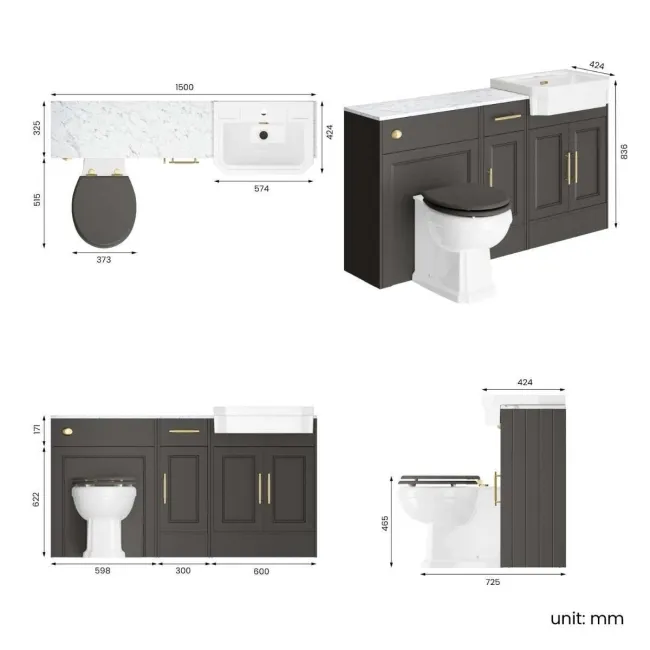 Monaco Graphite Grey Combination Vanity Traditional Basin with Marble Top & Hudson Toilet with Wooden Seat 1500mm - Brass Knurled Handles