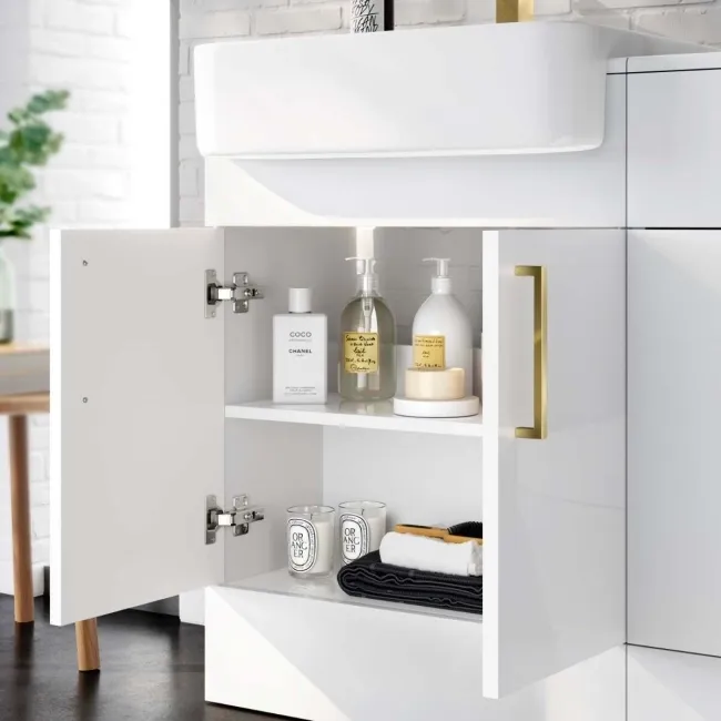 Harper Gloss White Vanity with Semi Recessed Basin 600mm - Brushed Brass Accents