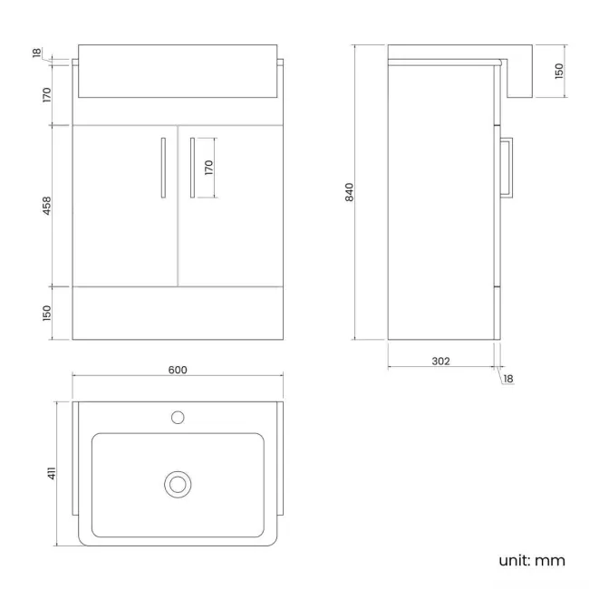Harper Gloss White Vanity with Semi Recessed Basin 600mm - Brushed Brass Accents