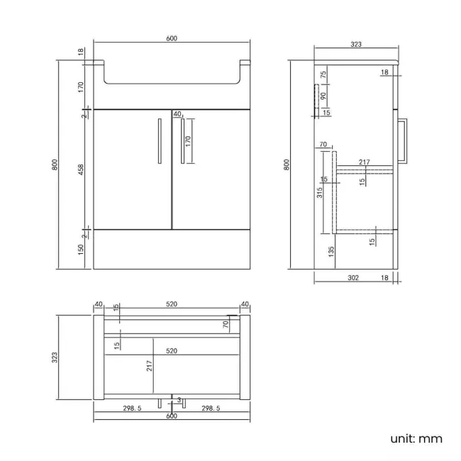 Harper Gloss White Vanity with Semi Recessed Basin 600mm - Brushed Brass Accents