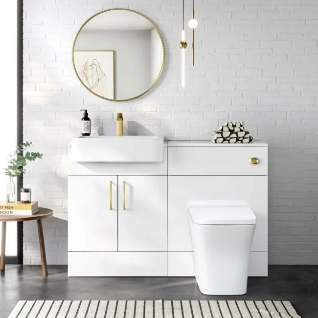 Harper Gloss White Combination Vanity Basin and Houston Toilet 1200mm - Brushed Brass Accents