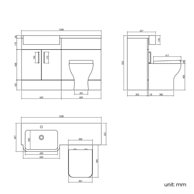 Harper Gloss White Combination Vanity Basin and Houston Toilet 1200mm - Brushed Brass Accents - Left Handed