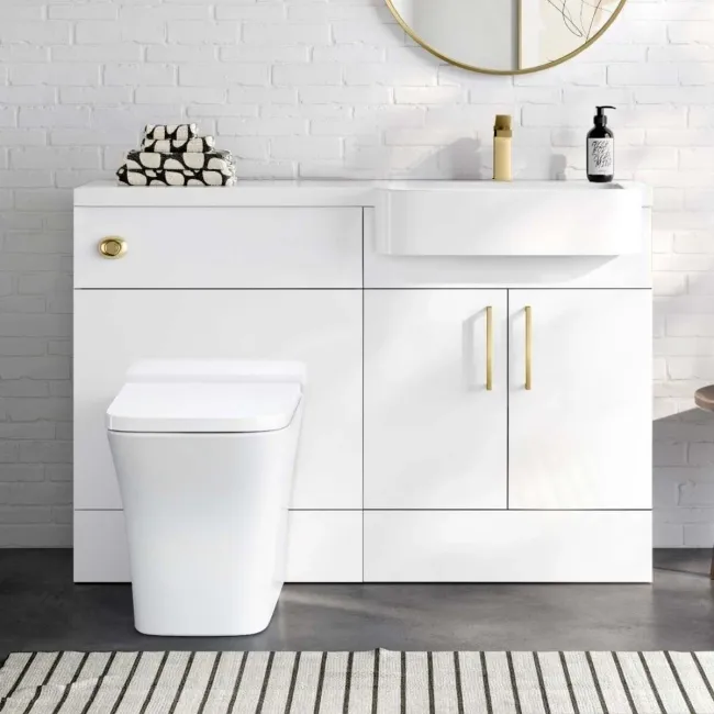Harper Gloss White Combination Vanity Basin and Houston Toilet 1200mm - Brushed Brass Accents - Right Handed