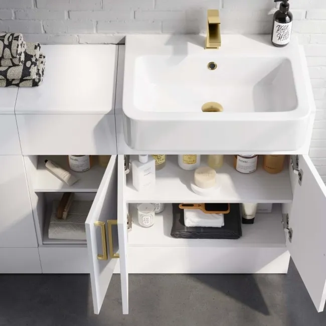 Harper Gloss White Combination Vanity Basin 1500mm (Excludes Toilet) - Brushed Brass Accents