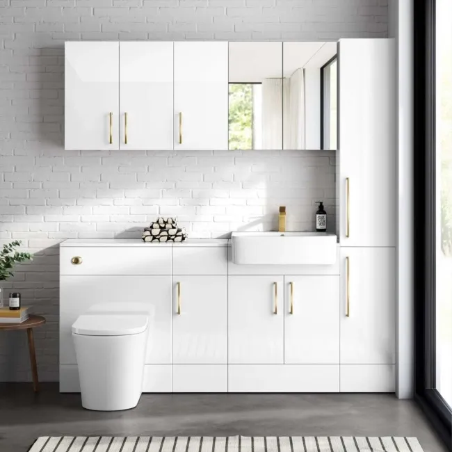 Harper Gloss White Combination Vanity Basin and Tucson Toilet 1500mm - Brushed Brass Accents
