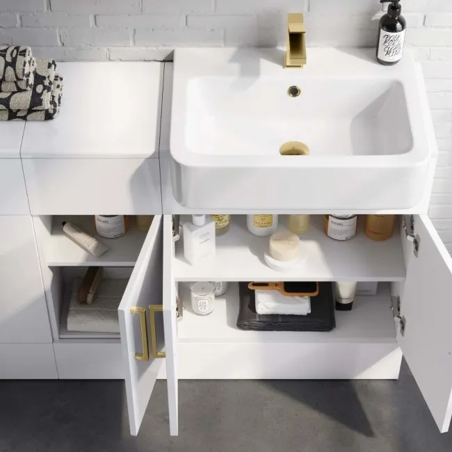 Harper Gloss White Combination Vanity Basin and Tucson Toilet 1500mm - Brushed Brass Accents