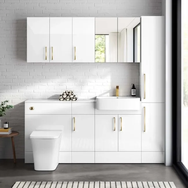 Harper Gloss White Combination Vanity Basin and Houston Toilet 1500mm - Brushed Brass Accents