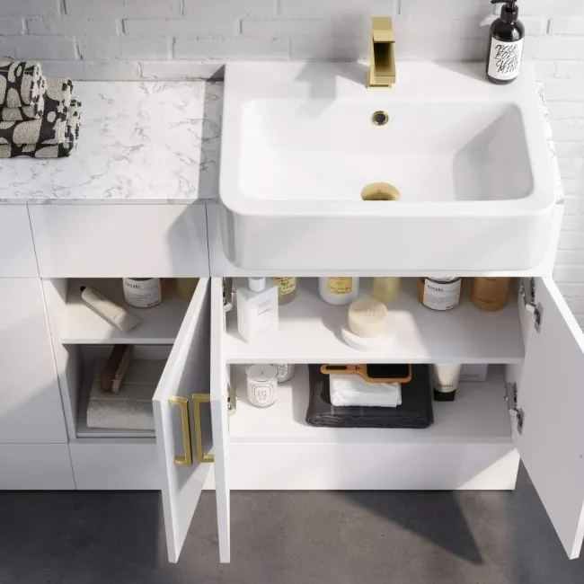 Harper Gloss White Combination Vanity Basin with Marble Top & Houston Toilet 1500mm - Brushed Brass Accents