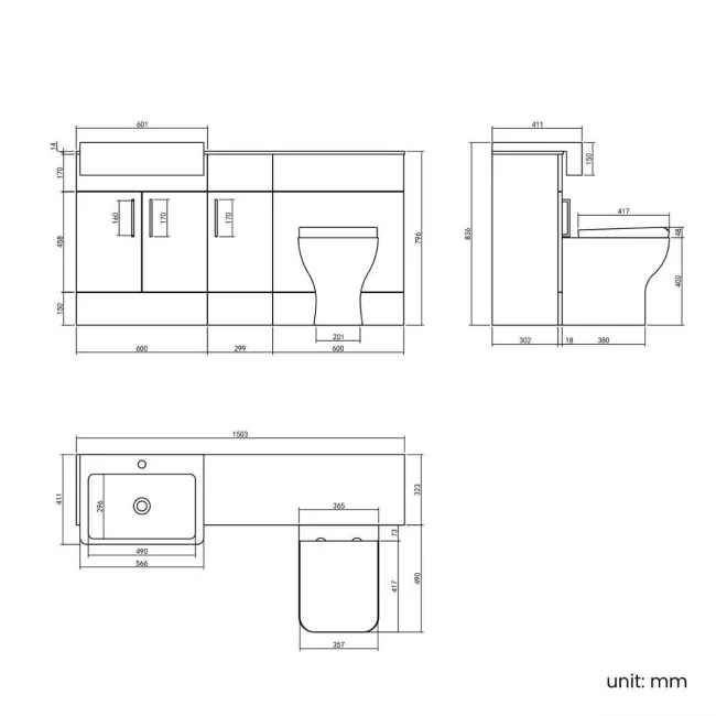Harper Stone Grey Combination Vanity Basin with Marble Top & Houston Toilet 1500mm - Brushed Brass Accents