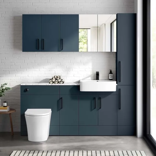 Harper Navy Blue Combination Vanity Basin with Marble Top & Tucson Toilet 1500mm - Black Accents