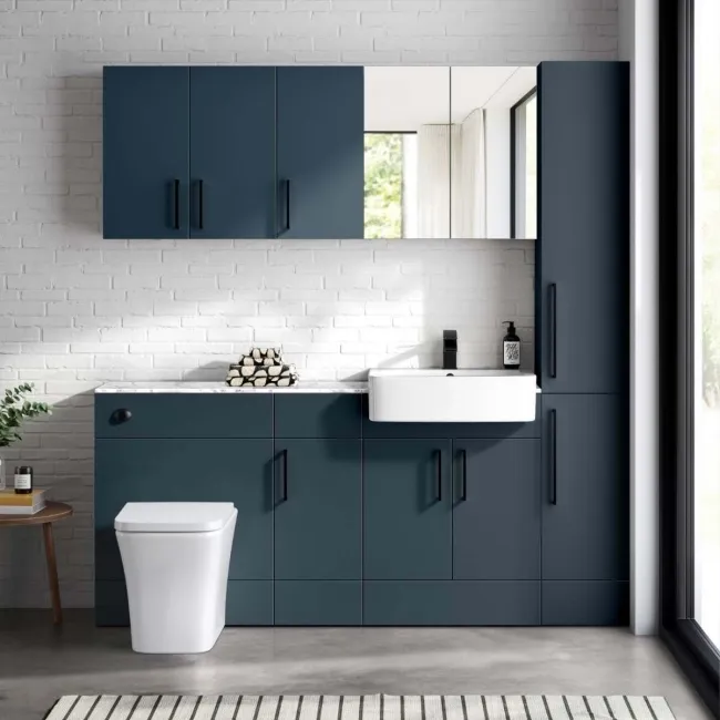 Harper Navy Blue Combination Vanity Basin with Marble Top & Houston Toilet 1500mm - Black Accents