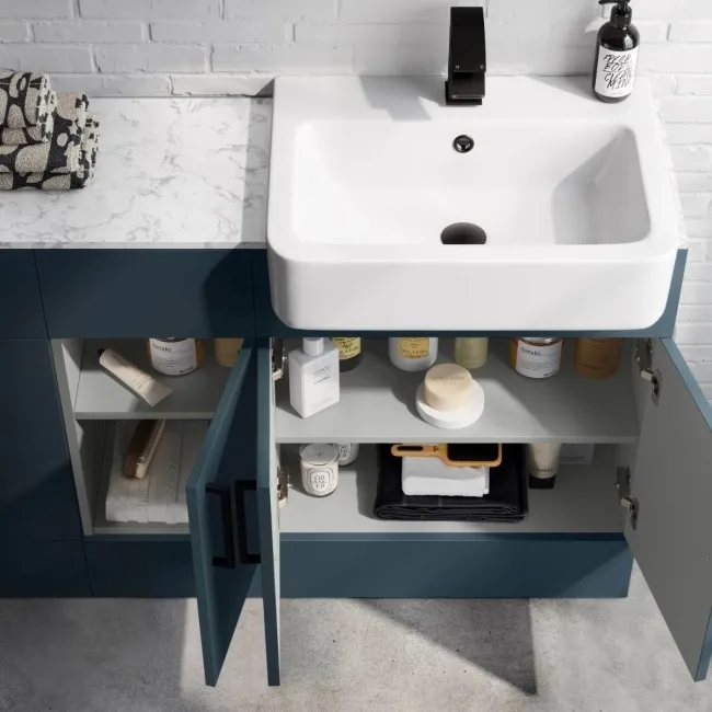 Harper Navy Blue Combination Vanity Basin with Marble Top & Houston Toilet 1500mm - Black Accents