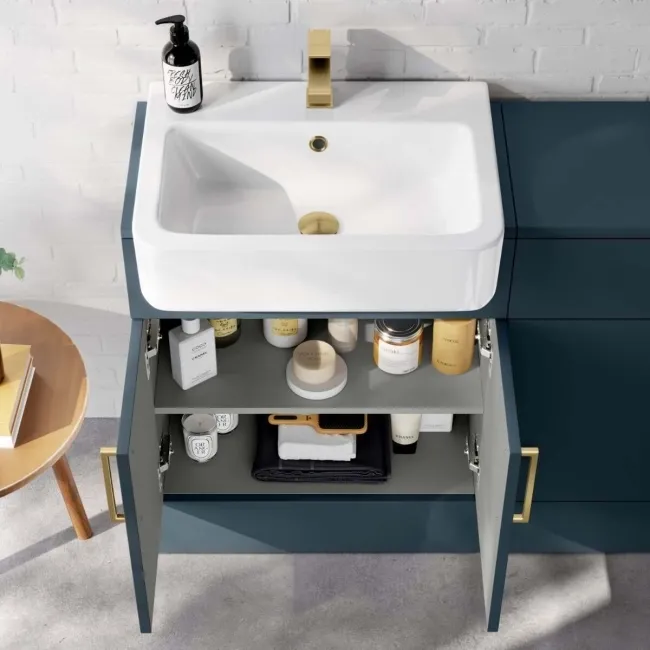 Harper Navy Blue Combination Vanity Basin and Houston Toilet 1200mm - Brushed Brass Accents