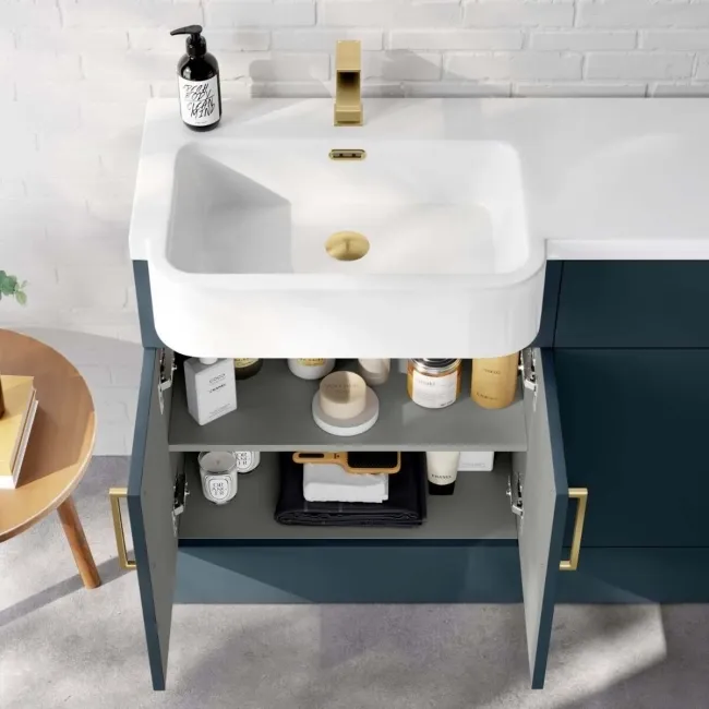 Harper Navy Blue Combination Vanity Basin and Houston Toilet 1200mm - Brushed Brass Accents - Left Handed