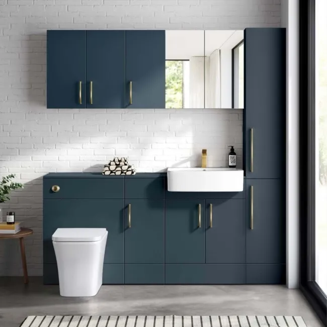 Harper Navy Blue Combination Vanity Basin and Houston Toilet 1500mm - Brushed Brass Accents