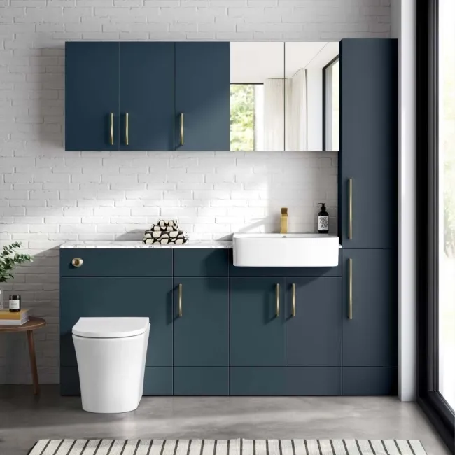 Harper Navy Blue Combination Vanity Basin with Marble Top & Tucson Toilet 1500mm - Brushed Brass Accents