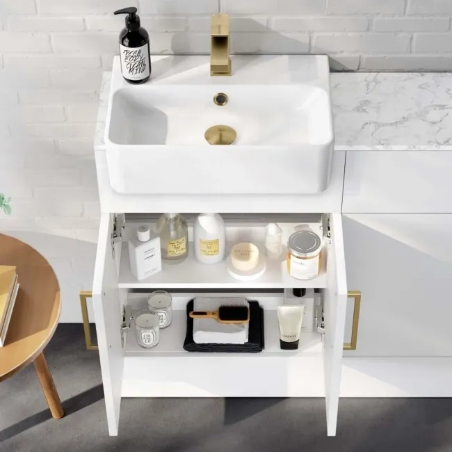 Harper Gloss White Combination Vanity Basin with Marble Top & Tucson Toilet 1000mm - Brushed Brass Accents