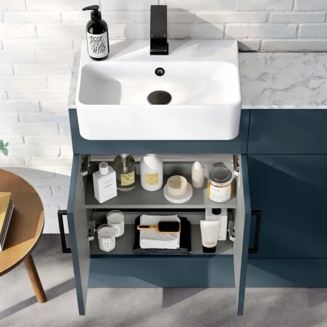 Harper Navy Blue Combination Vanity Basin with Marble Top & Houston Toilet 1000mm - Black Accents
