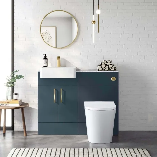 Harper Navy Blue Combination Vanity Basin with Marble Top & Tucson Toilet 1000mm - Brushed Brass Accents