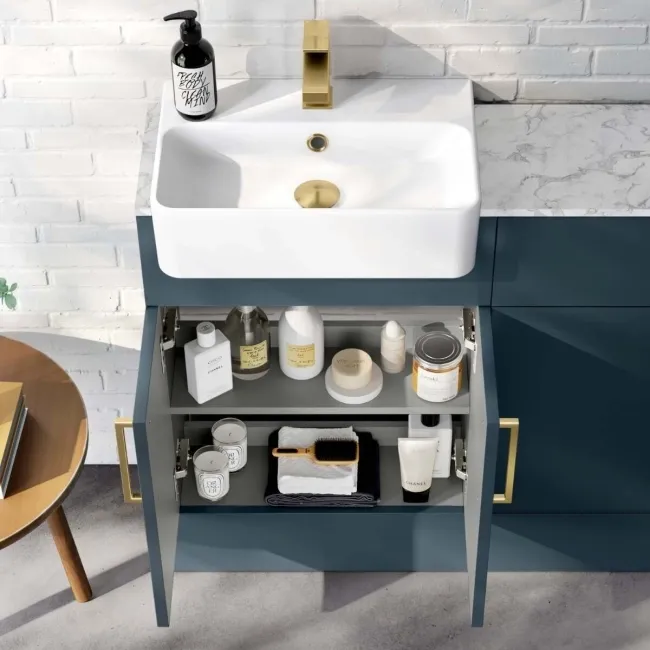 Harper Navy Blue Combination Vanity Basin with Marble Top & Tucson Toilet 1000mm - Brushed Brass Accents