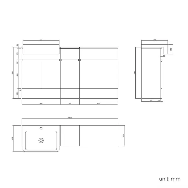 Foster Gloss White Combination Vanity Basin 1500mm - Excludes Toilet