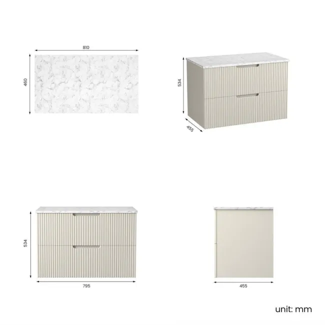 Crete Fluted Linen White Wall Hung Drawer Vanity with Marble Top 800mm - Excludes Counter Top Basin