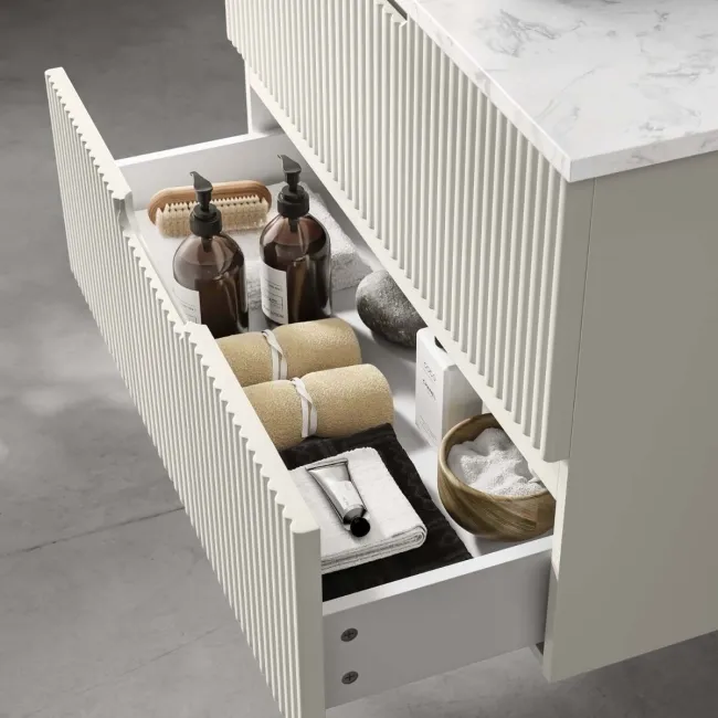 Crete Fluted Linen White Wall Hung Drawer Vanity with Marble Top & Curved Basin 800mm