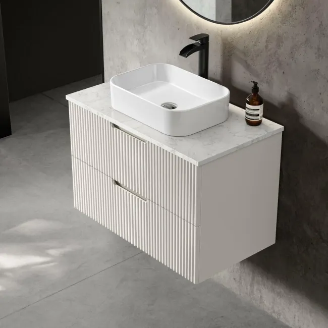 Crete Fluted Linen White Wall Hung Drawer Vanity with Marble Top & Marin Basin 800mm