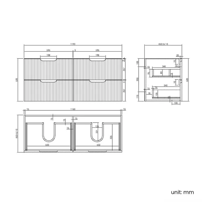 Crete Fluted Linen White Wall Hung Double Basin Drawer Vanity 1200mm
