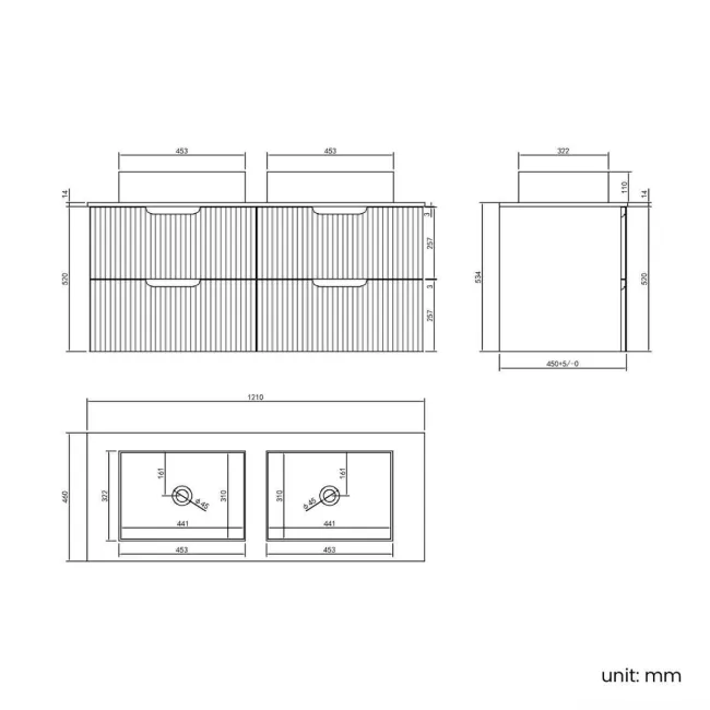 Crete Fluted Linen White Double Wall Hung Drawer Vanity with Marble Top & Cody Basin 1200mm