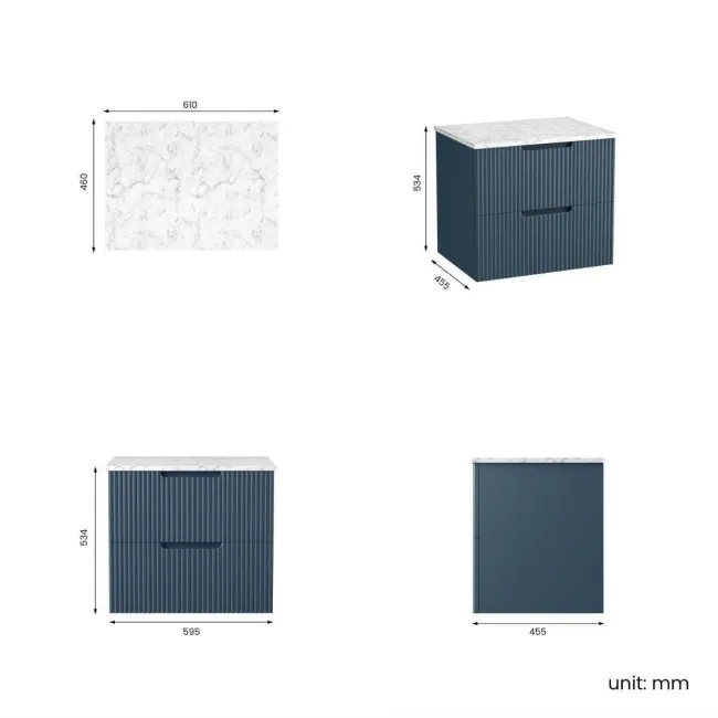 Crete Fluted Navy Blue Wall Hung Drawer Vanity with Marble Top 600mm - Excludes Counter Top Basin
