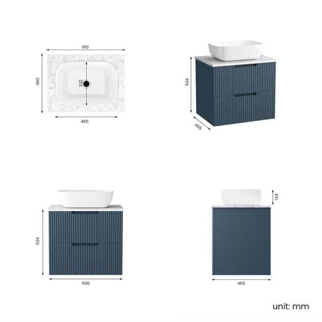 Crete Fluted Navy Blue Wall Hung Drawer Vanity with Marble Top & Curved Basin 600mm