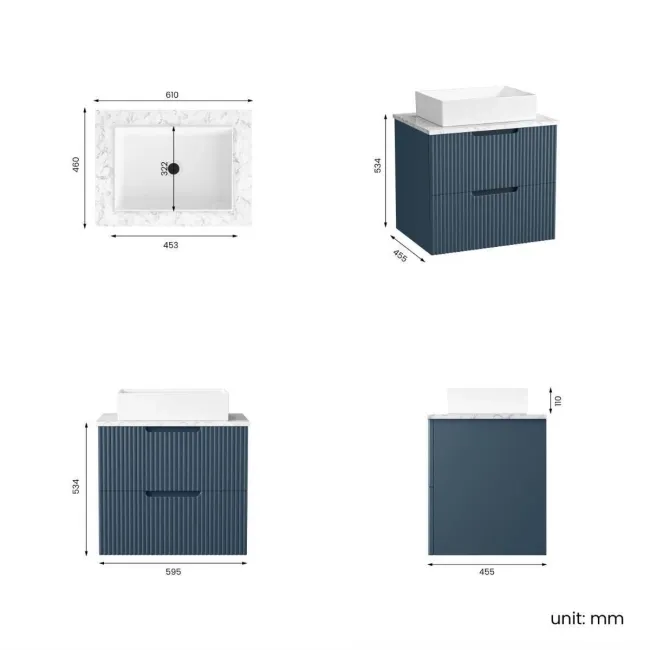 Crete Fluted Navy Blue Wall Hung Drawer Vanity with Marble Top & Cody Basin 600mm
