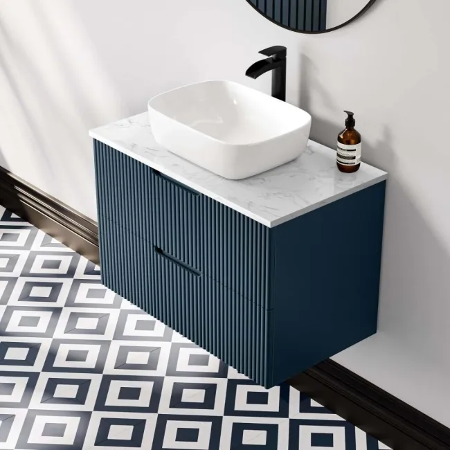 Crete Fluted Navy Blue Wall Hung Drawer Vanity with Marble Top & Curved Basin 800mm