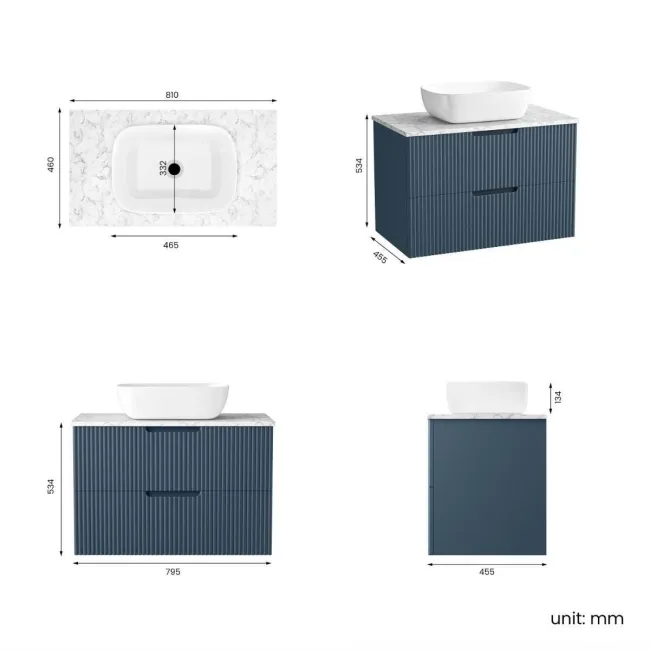 Crete Fluted Navy Blue Wall Hung Drawer Vanity with Marble Top & Curved Basin 800mm