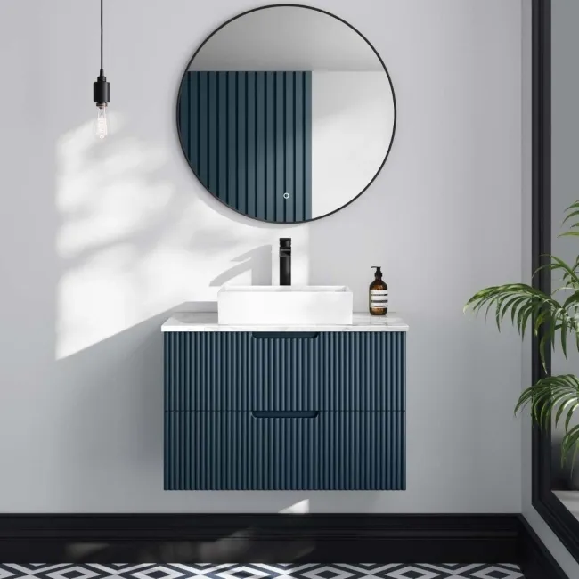 Crete Fluted Navy Blue Wall Hung Drawer Vanity with Marble Top & Cody Basin 800mm