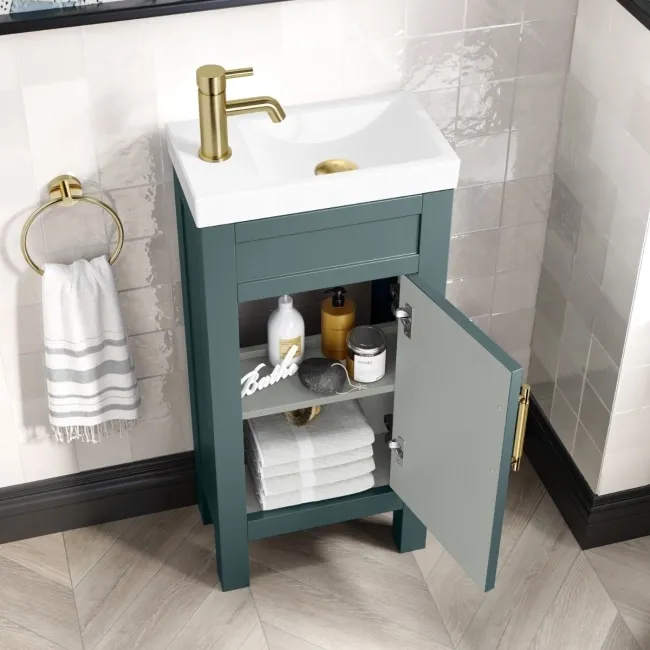 Bermuda Midnight Green Cloakroom Basin Vanity 400mm - Brass Knurled Handles