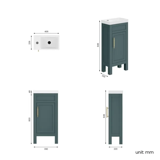 Bermuda Midnight Green Cloakroom Basin Vanity 400mm - Brass Knurled Handles