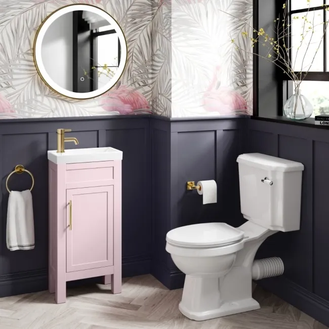 Bermuda Cashmere Pink Cloakroom Basin Vanity 400mm - Brass Knurled Handles