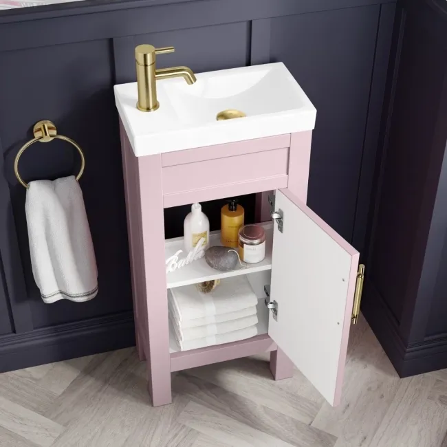 Bermuda Cashmere Pink Cloakroom Basin Vanity 400mm - Brass Knurled Handles