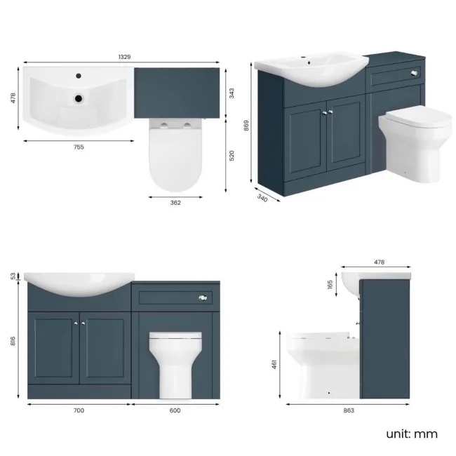 Capri Navy Blue Combination Vanity Basin and Miami Toilet 1350mm - Chrome Handles