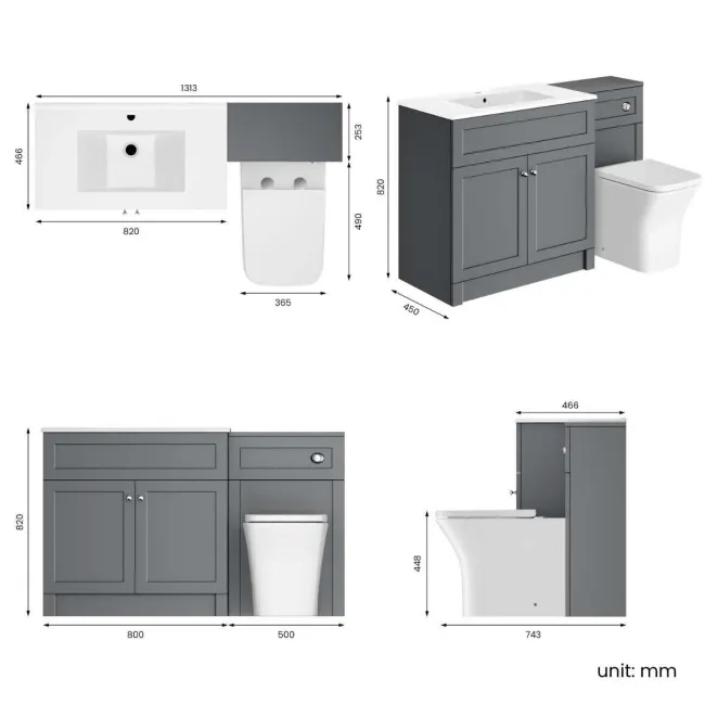 Milos Fog Grey Combination Vanity Basin and Houston Toilet 1300mm - Chrome Handles