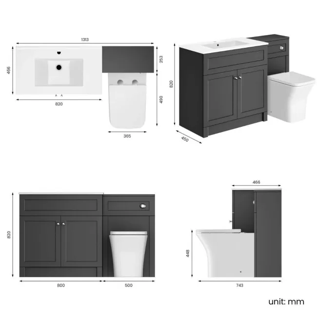 Milos Slate Grey Combination Vanity Basin and Houston Toilet 1300mm - Chrome Handles